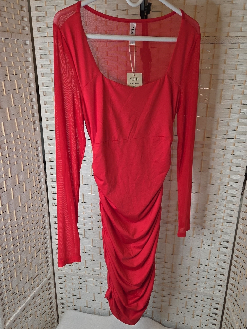 Mesh-Sleeve Red Long Sleeve Ruched Midi Dress